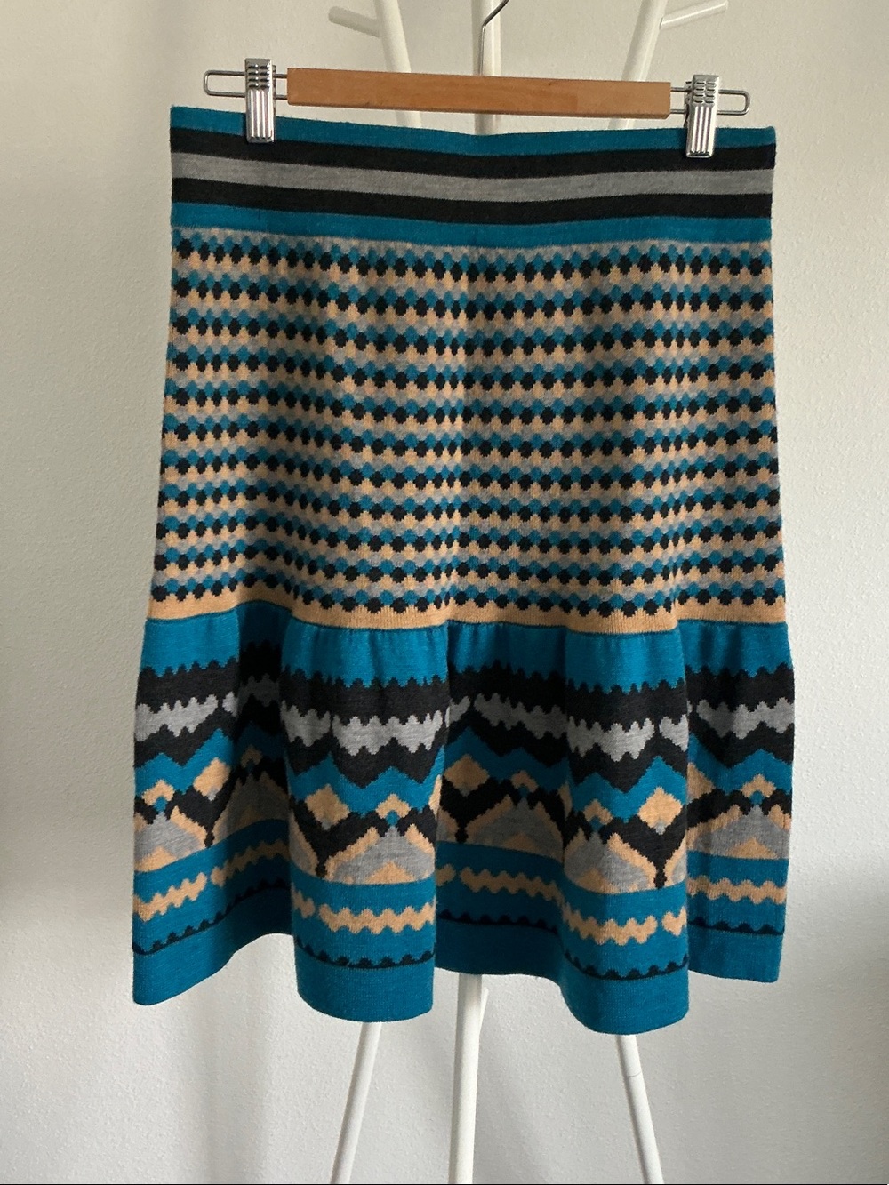 Anthropologie Teal, Beige & Black Patterned A-Line Skirt